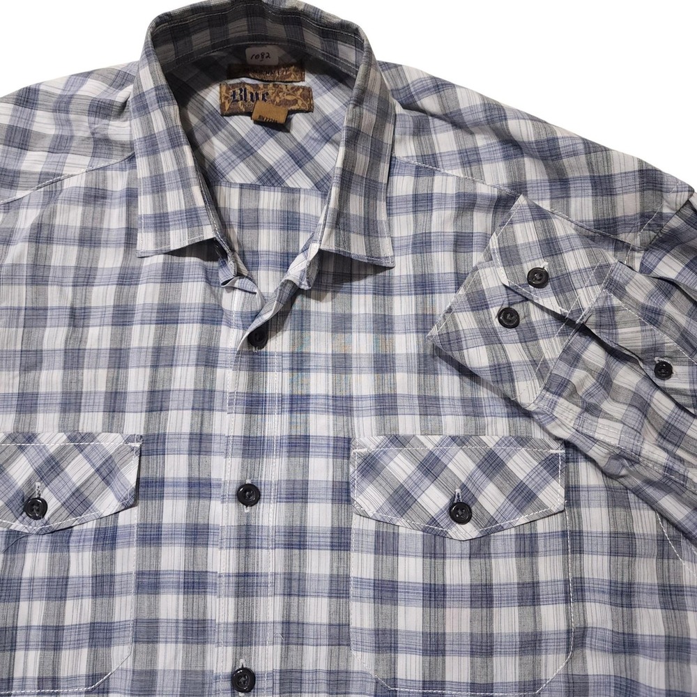 Blue Shirt Mens Large Blue Plaid Western Button Up Cotton Pockets Modern Fit